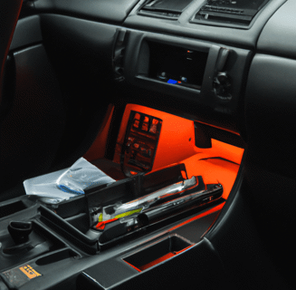 the inside of a car with a red light